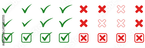 Checkmarks and Crosses: A concise set of green check marks and red crosses, symbolizing selection and rejection respectively, presented in a simple yet effective array.