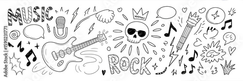 Rock Music Doodle: A dynamic and engaging hand-drawn illustration capturing the energy and excitement of rock music, showcasing a guitar, microphone, skull, and musical notes.