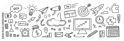 Business Icons and doodles: A collection of hand-drawn business icons and doodles represents concepts like idea, success, time management and marketing