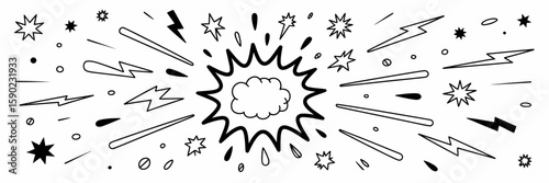 Explosion Illustration: An artistic, monochromatic illustration of a dynamic explosion radiating outward with bursting energy, capturing the power and impact of a sudden burst.