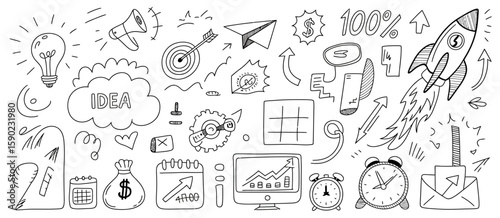 Ideas and Innovation Doodle: A comprehensive sketch of various ideas, innovations, and business concepts, captured in a hand-drawn style. 