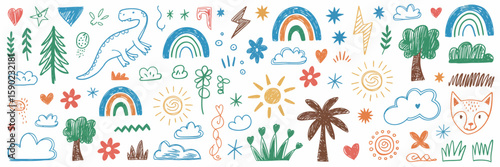 Whimsical Nature Sketchbook: A collection of hand-drawn elements, including dinosaur, rainbows, sun, tree, cloud, capturing the playfulness of childhood imagination.