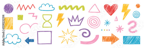 Hand-Drawn Elements: A vibrant collection of whimsical hand-drawn elements and shapes, offering a delightful array of playful illustrations, doodles, and creative sketches.