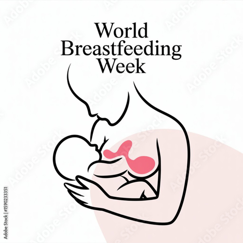 World Breastfeeding Week banner, baby and breast silhouette, minimal line art vector on white background.
