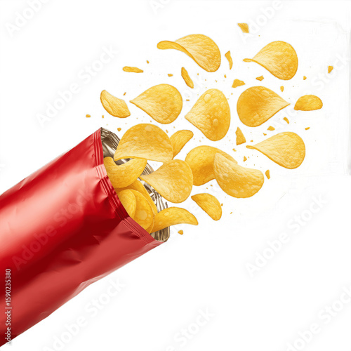 Potato's Chips fly out from Plastic Bag Mockup isolated on transparent background, PNG  