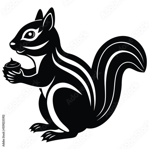 Pure black design of a chipmunk in side profile, bushy tail raised, small paws holding a nut, with rounded ears and stripe detail implied, isolated on white background. 