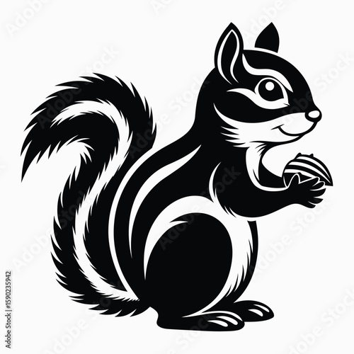 Pure black design of a chipmunk in side profile, bushy tail raised, small paws holding a nut, with rounded ears and stripe detail implied, isolated on white background. 