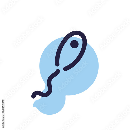 Minimalistic sperm cell icon with tail in pastel blue and black lines against a white background, concept of fertility and reproductive health.
