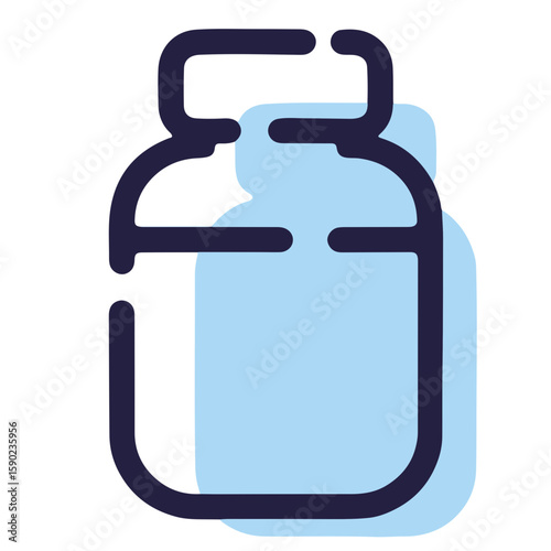 Minimalistic vector illustration of a prenatal vitamins bottle with black lines and pastel blue shadow on a white background, health and wellness concept.