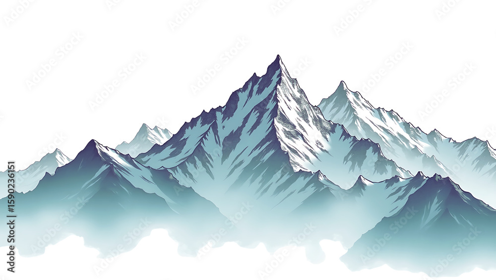 Fototapeta premium Serene Misty Mountain Range: Stylized Digital Painting, Cool Color Palette, Tranquil Atmosphere.