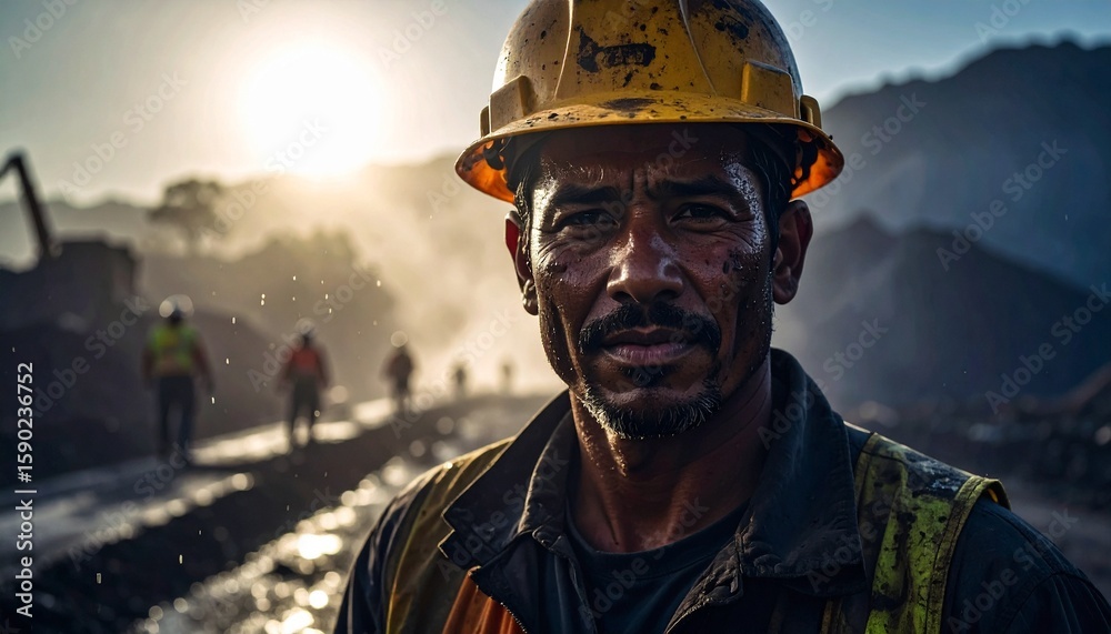 Fototapeta premium Portrait of a focused construction worker with his team in the background
