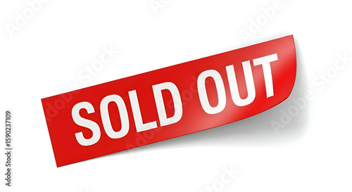 A red rectangular sticker with rounded corners displaying the words sold out in white letters on white background