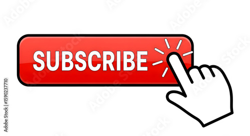 A red subscribe button with a white hand cursor pointing to it on a white background illustration