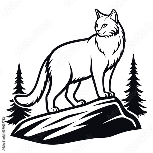 Black and white illustration of a Siberian cat on a rock with pine trees