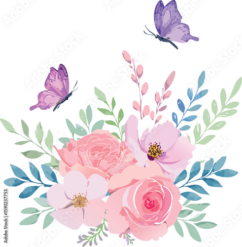 Soft floral illustrations with butterflies in pastel pink tones. Perfect for baby girl rooms, nursery prints and gentle textile patterns.