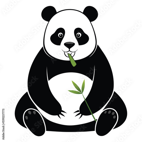 Pure black design of a giant panda sitting and eating bamboo, with round ears and chubby body shape, isolated on white background.