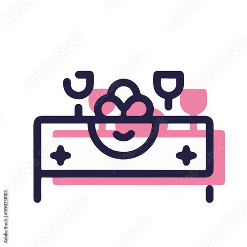 Minimalistic pulsar icon of Rosh Hashanah table with challah and wine glasses, simple vector design, pastel garnet shadows on white background, concept of Jewish celebration.