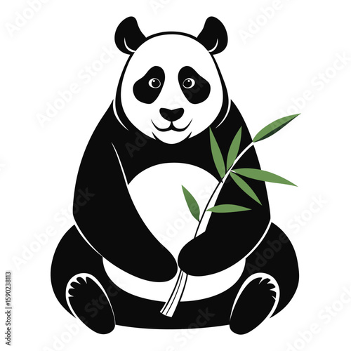 Pure black design of a giant panda sitting and eating bamboo, with round ears and chubby body shape, isolated on white background.