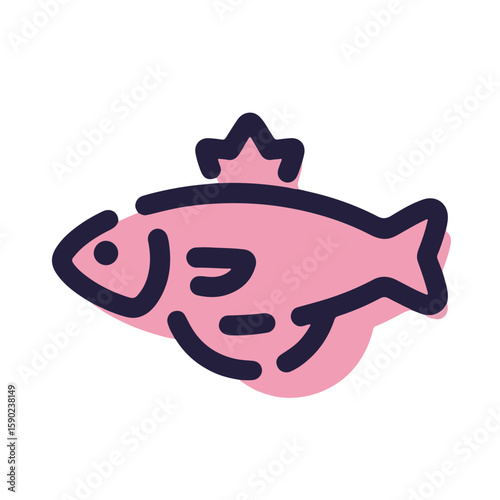 Pulsar icon of roasted fish head with pomegranate, minimalistic design, black lines and pastel garnet colors, culinary art representation, food branding concept.