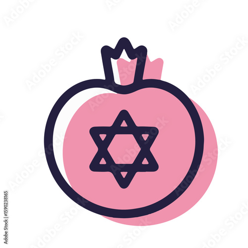 Minimalistic pomegranate icon with Rosh Hashanah symbolism on white background, pastel garnet color shadow concept of Jewish New Year celebration.