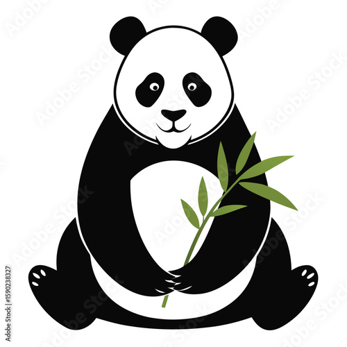 Pure black design of a giant panda sitting and eating bamboo, with round ears and chubby body shape, isolated on white background.