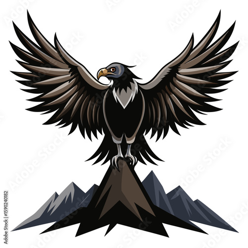 Pure black design of a soaring condor with wide outstretched wings, feathered wingtips, and hooked beak, captured in mid-flight, isolated on white background. 