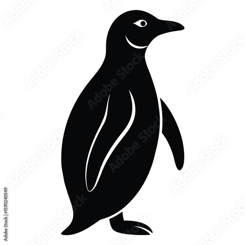 Pure black design of a standing penguin in side profile, with flippers slightly extended and rounded body shape, isolated on white background. 