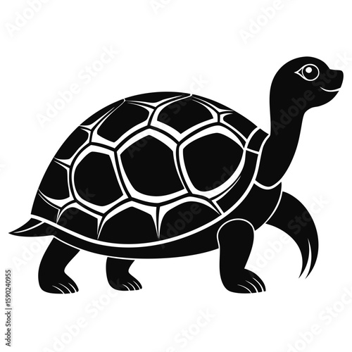  Pure black design of a turtle in side view, with detailed shell pattern, short legs, and extended neck, isolated on white background.