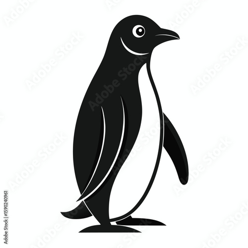 Pure black design of a standing penguin in side profile, with flippers slightly extended and rounded body shape, isolated on white background. 