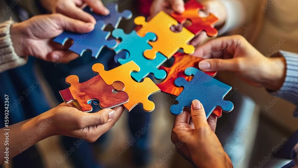 focused group of people holding a colorful jigsaw puzzle focused group of people holding a colorful jigsaw puzzle