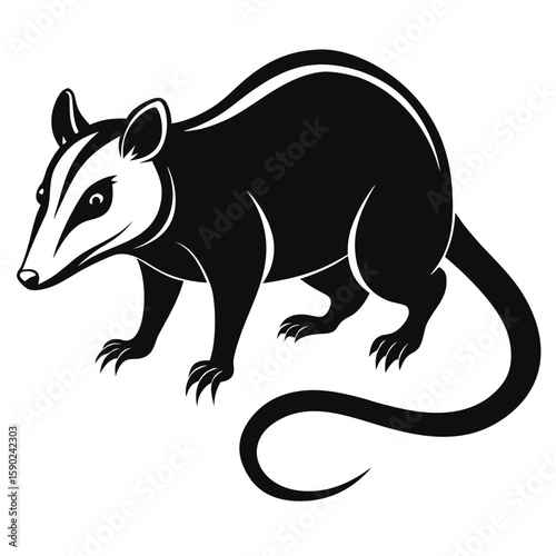  Pure black design of an opossum in side view, with curved body, pointed snout, long prehensile tail, and rounded ears, isolated on white background. 