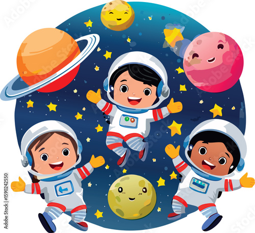 Kids in astronaut suits with smiling planets and rockets. Ideal for space-themed nursery prints, posters and educational wall art.