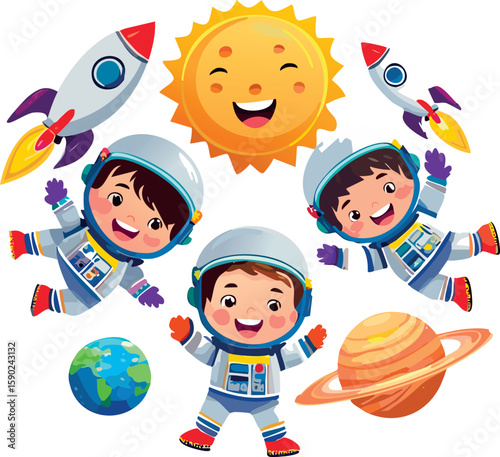 Kids in astronaut suits with smiling planets and rockets. Ideal for space-themed nursery prints, posters and educational wall art.