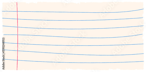 Hand-drawn lined paper background. Blue horizontal lines and red margin on a light sheet. School notebook vector texture for back to school, journaling, or stationery-themed designs.