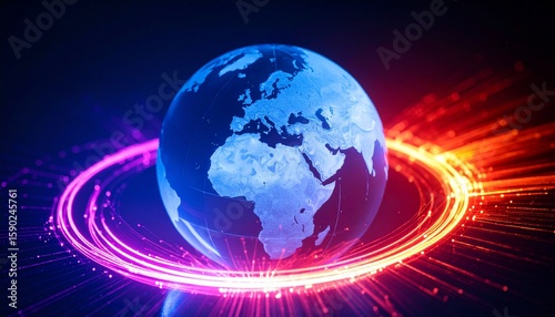 A dynamic globe of the world encircled by a ring of glowing light, set against a futuristic backdrop. A vibrant display of technological sophistication