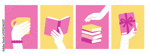 Literary Girl Reading Book and Tea – Cozy Poster Set Vector Illustrations with Stacks of Books, Gift, and Coffee Mug. Perfect for planners, social media content, library or bookstore marketing, apps