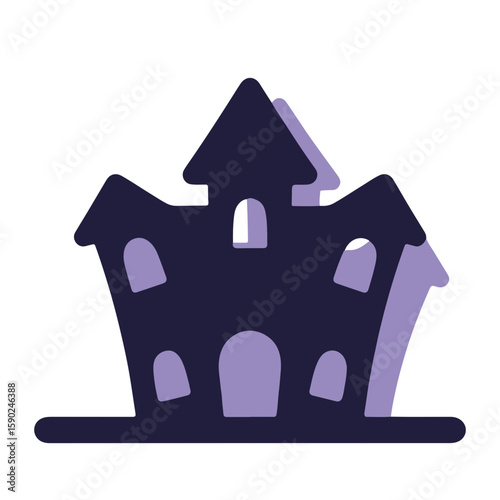 Spooky purple haunted house silhouette design on a white background, capturing Halloween spirit for festive decorations, concept of party supplies or event planning