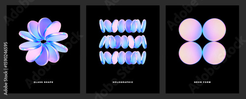 Abstract gradient 3d poster. Futuristic holographic background. Fluid gradient circle shape black background. Geometric technology abstract pattern. Iridescent glass round element. Vector illustration