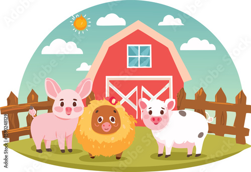 Cute baby cow, pig, sheep with farm elements. Perfect for nursery prints, toddler posters, and baby shower designs.