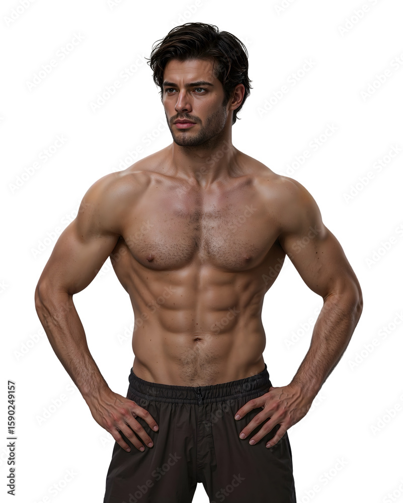 Fototapeta premium Muscular Shirtless Man with Defined Abs and Hands on Waist – Transparent Background