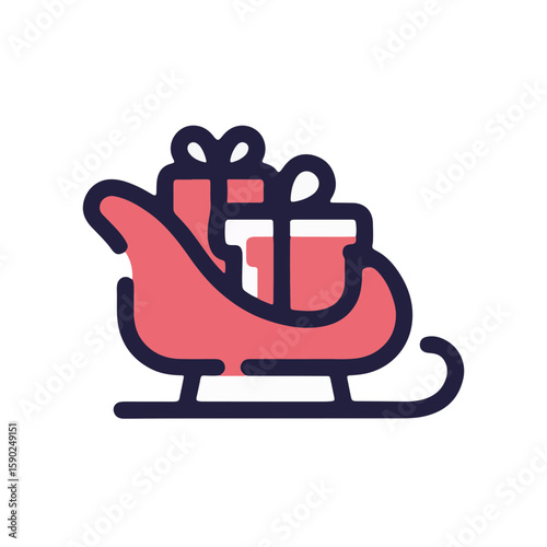 Minimalistic wooden sleigh with gifts tied on top, vector design, pastel red shadow, white background, concept of holiday gifting and celebration.
