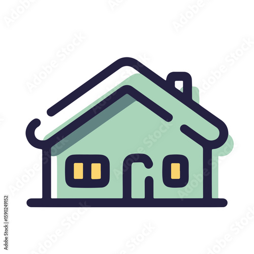 Minimalistic winter cabin glowing warmly with pastel green shadows and white background, concept of cozy home and relaxation for design enthusiasts.