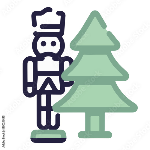 Minimalistic nutcracker figure with pastel green shadow next to a decorative tree on a white background, concept of holiday decor and celebration.
