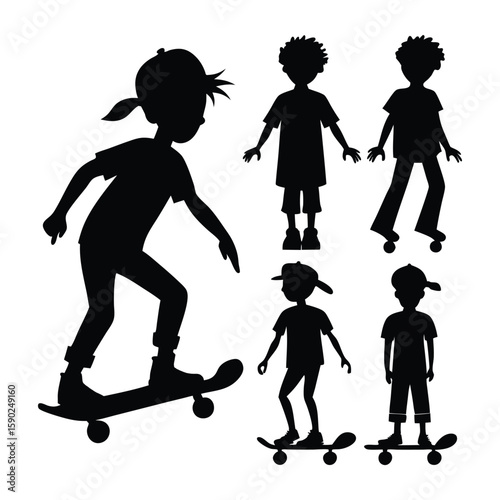 Black silhouettes of children skateboarding and rollerblading