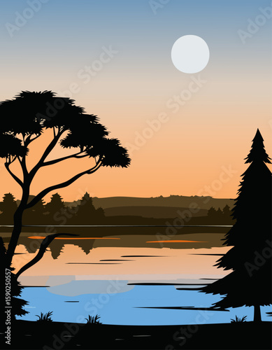 A serene lakeside landscape under the moon's soft glow, with silhouetted trees and gentle reflections on the water. The image evokes tranquility and the beauty of nature.