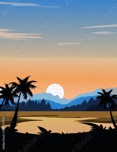 Tropical sunset landscape with palm trees and mountains. Serene and peaceful scene.