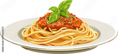 A plate of delicious spaghetti topped with a rich tomato sauce and fresh basil leaves, ready to be savored. It's a culinary delight