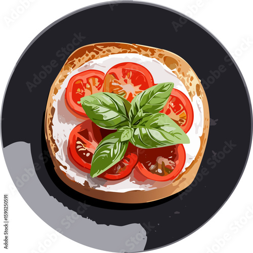 A fresh tomato slice and cream cheese on bread toast, garnished with a basil sprig
