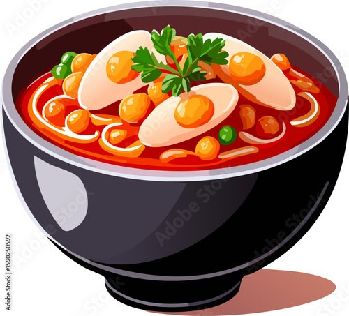 Delicious and appetizing soup in a bowl with garnish