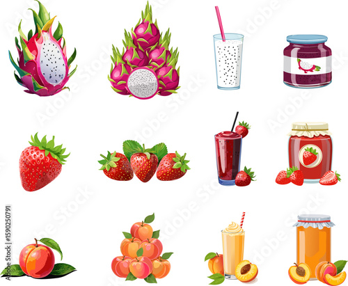 A vibrant illustration showcasing an assortment of fruits, drinks, and preserves